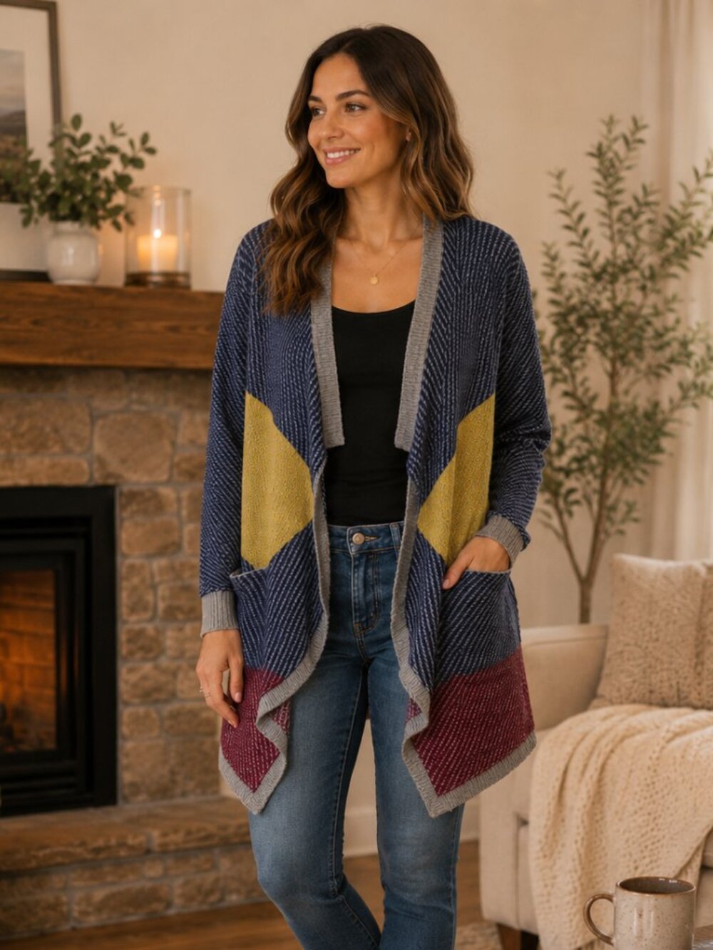 CAbi Cotton Colorblock Striped Cozy Warm Long Knit Cardigan Sweater Fall Medium